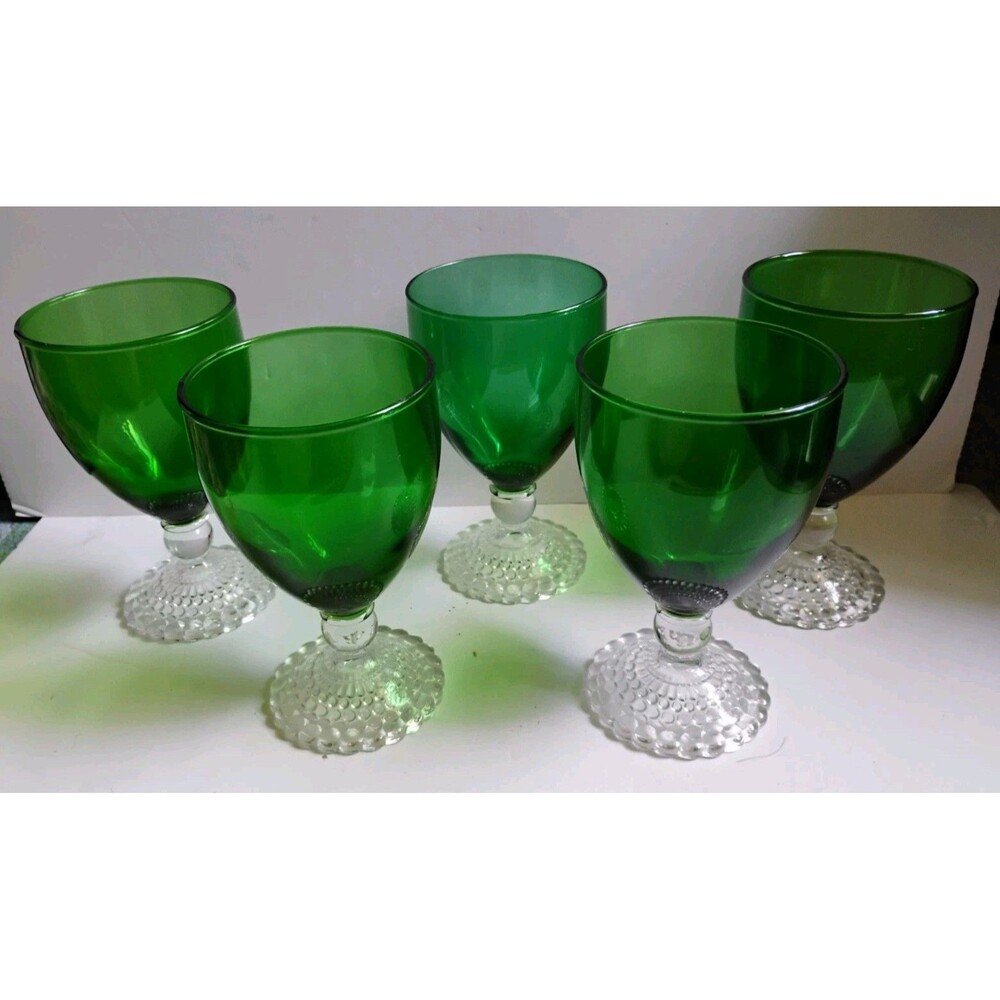 Lot of 5 Vtg Anchor Hocking Forest Green 5.5" Bubble Foot Water Goblets Boopie